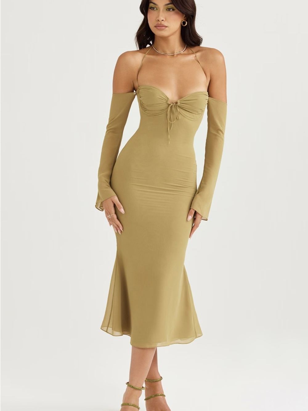 House of CB Naomi Olive Off-Shoulder Midi Dress with Tie Front gathered cups